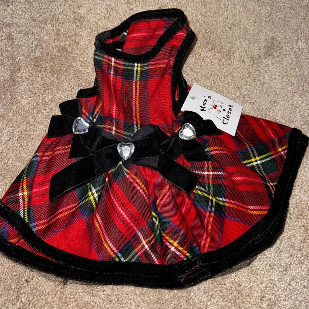 Red Tartan Plaid Christmas Dress with bows and Gems for Dogs Size Small
